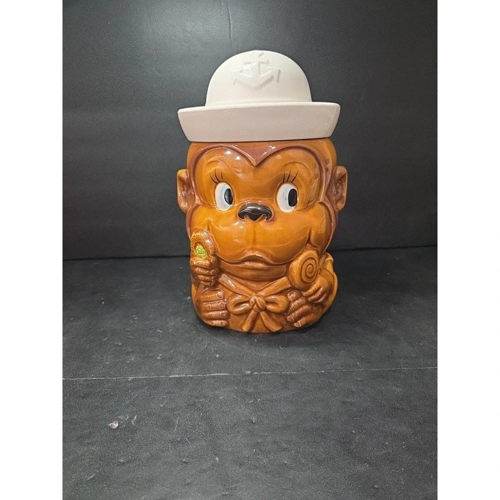 Monkey‎ Sailor Cookie Jar, Brown Ceramic Canister, White Hat Lid, Kitchen Decor